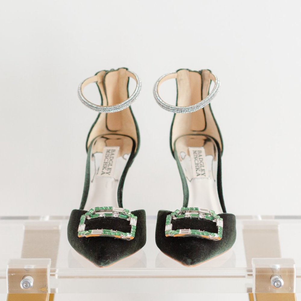 Badgley Mischka 5.5 Marlow Velvet Green Heels Emerald Ornament Stilettos - Picture 13 of 16